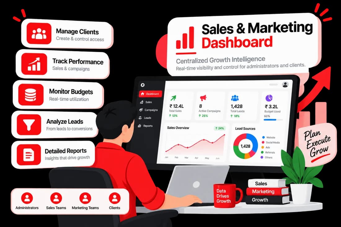 Illustration of the sales and marketing dashboard: sales, campaigns, leads and budget tracking